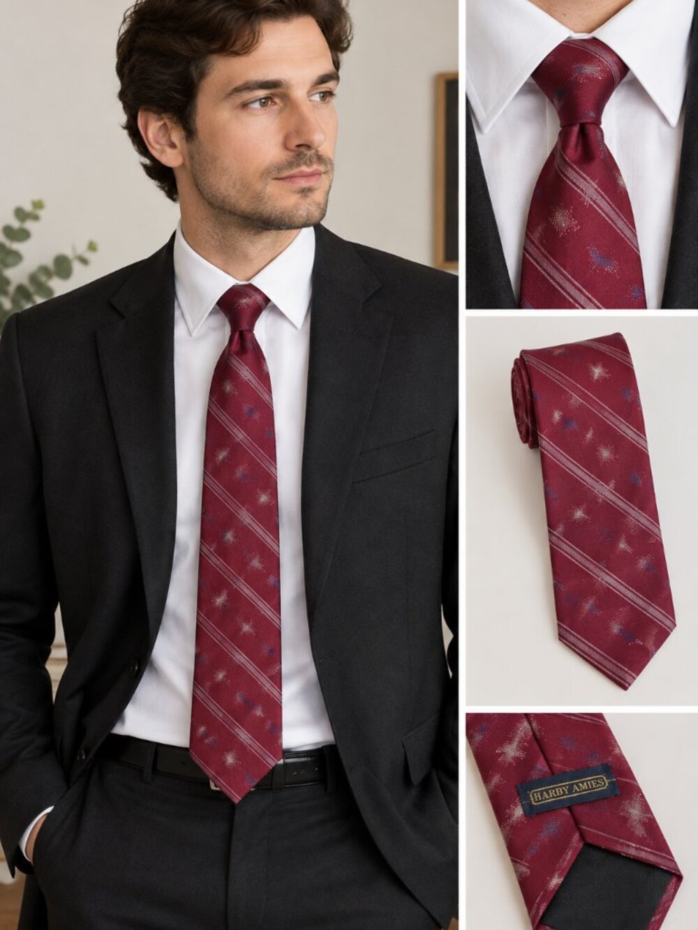 Hardy Amies Men's Burgundy Geometric Striped Necktie 56" Vintage Style